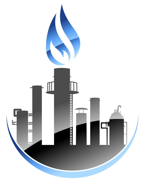 Vector icon depicting a modern oil refinery or industrial plant with tall smokestacks or chimneys with the central one emitting a burning flame